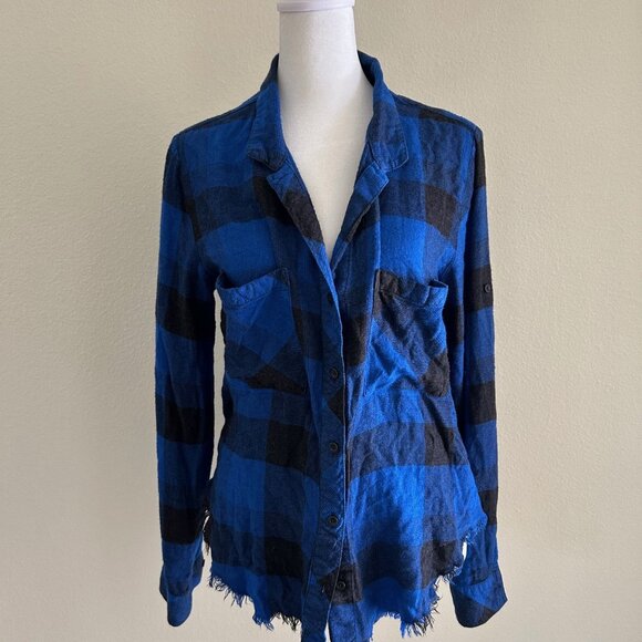 Cloth & Stone Shirt Blue Black Plaid Raw Hem Roll Tab Sleeve Button Down SizeM - Picture 1 of 9